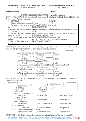 Đề kiểm tra môn Tiếng Anh Lớp 10 - Đề 3 - Đỗ Bình